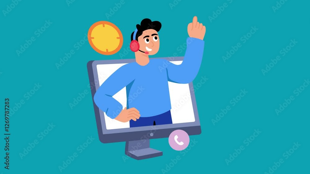 Animated Online Support Agent Answering Questions 24/7 with Headset on Computer Screen. Animated Online Support Agent Answering Questions 24/7 with Headset on Computer Screen.