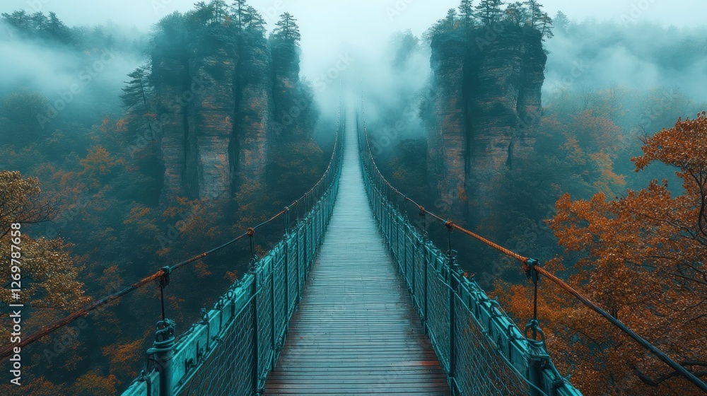Obraz premium Misty Mountain Suspension Bridge Autumn Hiking