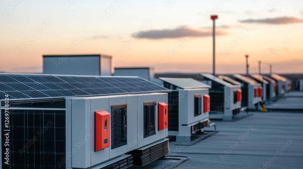 Solar panels arranged in a row capture the early morning light as the sun rises over a tranquil rural landscape, promoting renewable energy Solar panels arranged in a row capture the early morning light as the sun rises over a tranquil rural landscape, promoting renewable energy