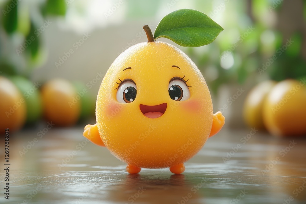 Cheerful animated lemon character posing with a smile in a bright kitchen setting filled with fresh fruits Cheerful animated lemon character posing with a smile in a bright kitchen setting filled with fresh fruits