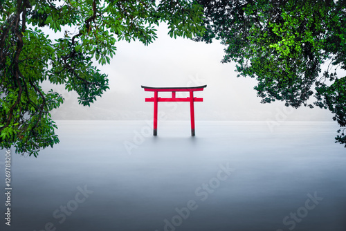 Red torii gate at Lake Ashinoko, Hakone, Kanagawa Prefecture, Honshu, Japan photo