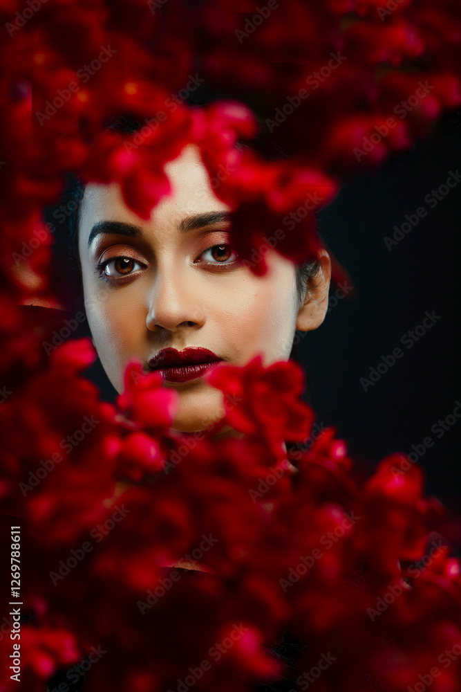 face of a beutiful female model behind a bunch of red flowers shot in a studio in front of a black background face of a beutiful female model behind a bunch of red flowers shot in a studio in front of a black background