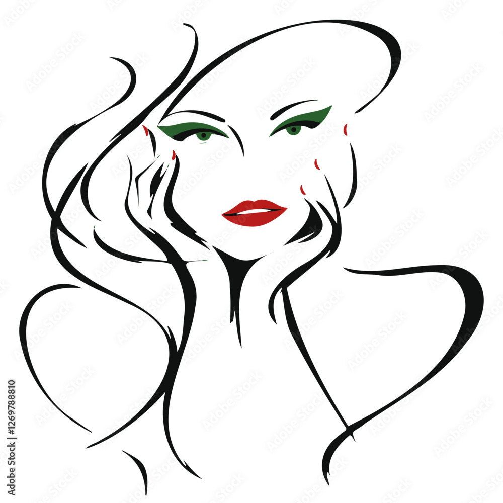 Minimalist line-art vector illustration of woman’s face with red lips and green eyes, modern fashion and beauty design Minimalist line-art vector illustration of woman’s face with red lips and green eyes, modern fashion and beauty design