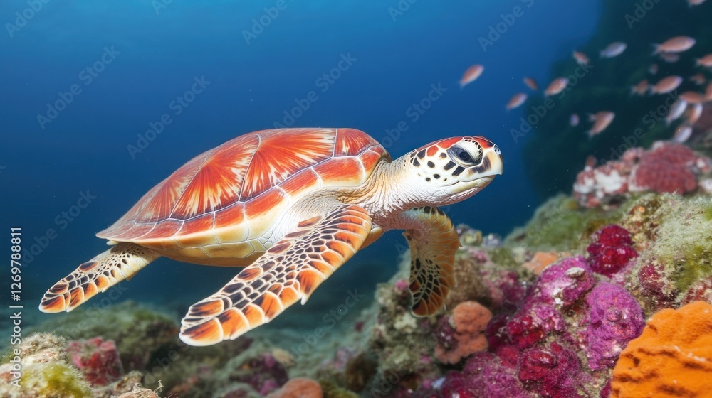 Naklejka premium A sea turtle swims peacefully near a coral reef, surrounded by small, schooling fish in clear blue water during daylight