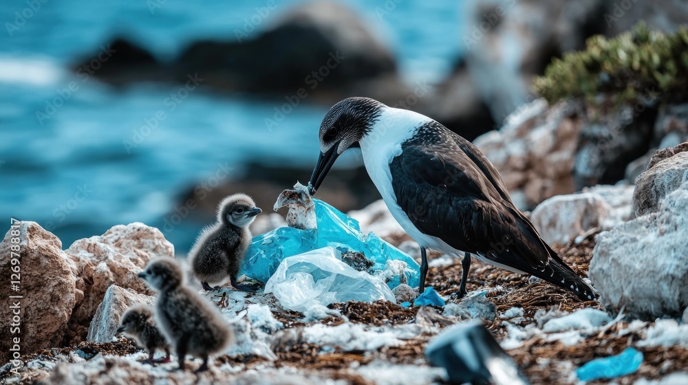 Fototapeta premium A seabird feeds a chick a piece of plastic amidst trash on a rocky shore, emphasizing the impact of pollution on wildlife