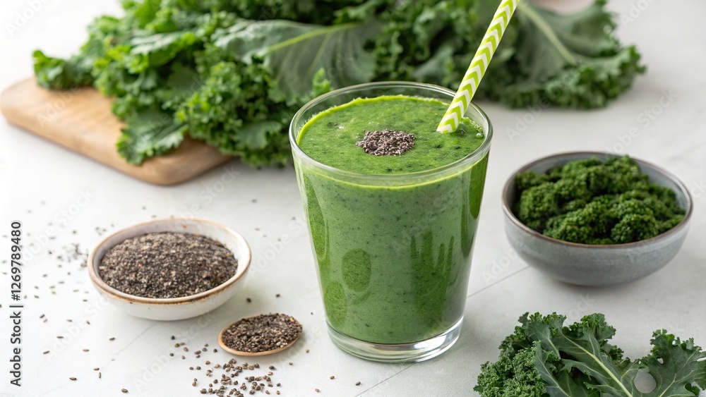 Smoothie preparation featuring spirulina, kale, and chia seeds on a kitchen countertop with fresh greens in the background Smoothie preparation featuring spirulina, kale, and chia seeds on a kitchen countertop with fresh greens in the background