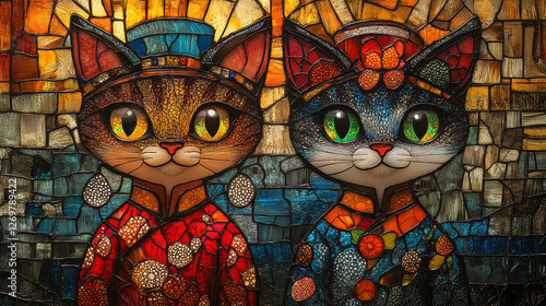 A stunning stained glass artwork featuring two elegant cats dressed in intricate, colorful attire with jewel-like eyes, set against a mosaic background.  
