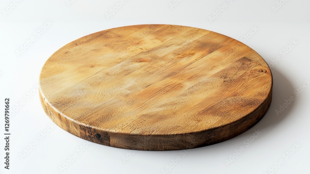 The round wooden pizza board is caught mid-fall, highlighting its smooth surface and rich wood patterns The round wooden pizza board is caught mid-fall, highlighting its smooth surface and rich wood patterns