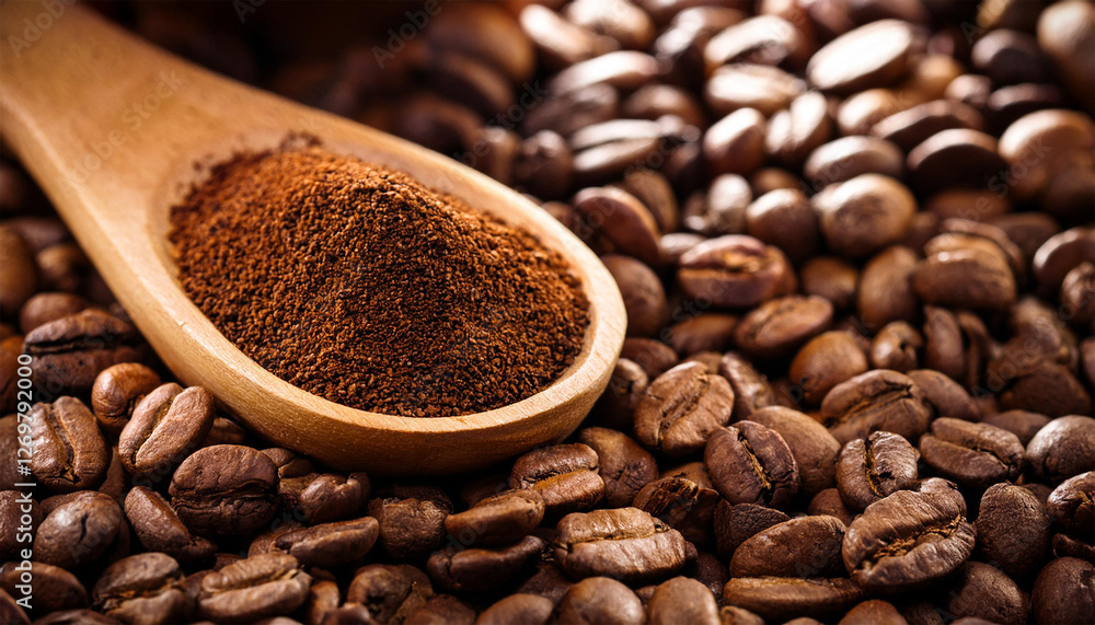 wood spoon with coffee grounds on coffee beans wood spoon with coffee grounds on coffee beans