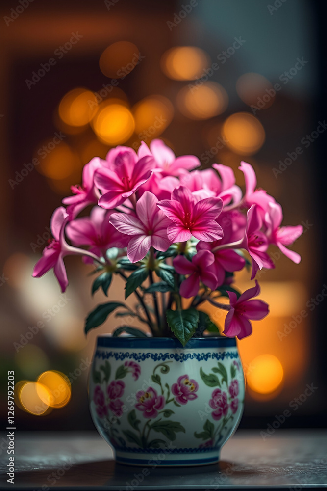 Pink and yellow blossoms in ornate ceramic vase with floral patterns on wooden surface and warm bokeh background Pink and yellow blossoms in ornate ceramic vase with floral patterns on wooden surface and warm bokeh background