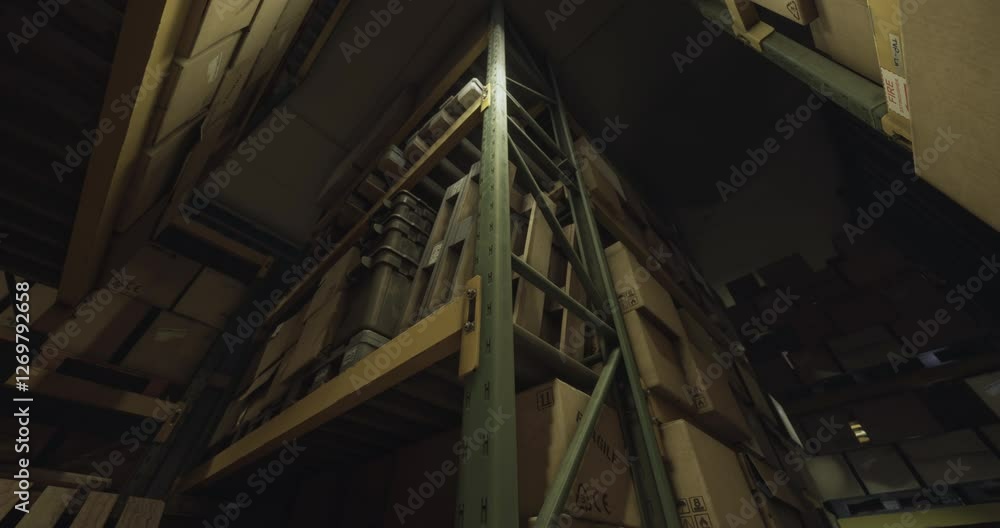 Tall shelves stacked with boxes fill a dimly lit storage facility. The structures create a maze like appearance, while shadows loom in the corners of the room. Tall shelves stacked with boxes fill a dimly lit storage facility. The structures create a maze like appearance, while shadows loom in the corners of the room.