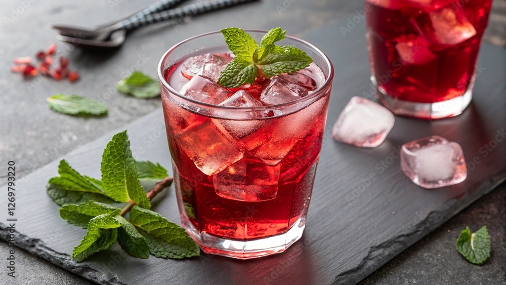 Refreshing hibiscus tea served with ice cubes in a clear glass, perfect for a hot summer day at a garden gathering Refreshing hibiscus tea served with ice cubes in a clear glass, perfect for a hot summer day at a garden gathering