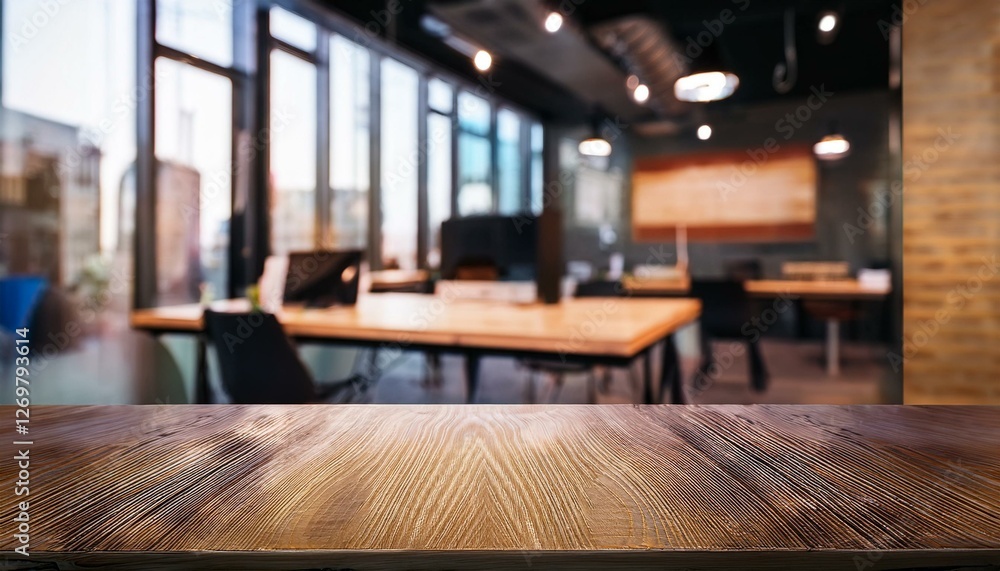 empty table in blurred coworking space for product display and advertising banner empty table in blurred coworking space for product display and advertising banner