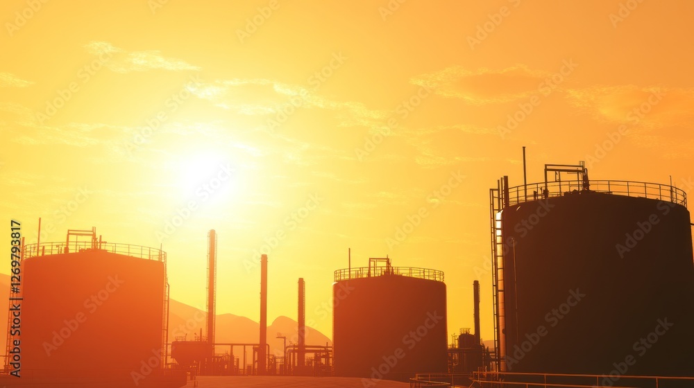 Silhouetted Industrial Storage Tanks At Sunset Silhouetted Industrial Storage Tanks At Sunset