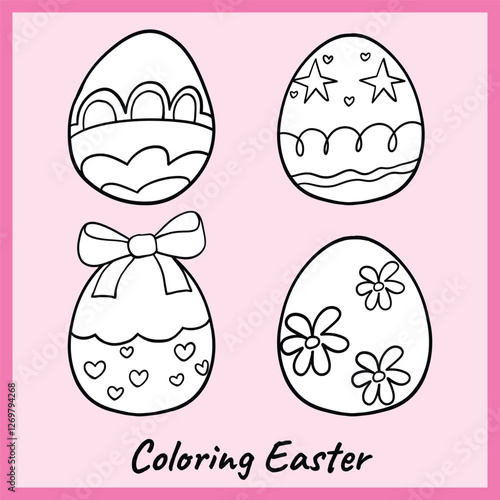 Black and white outline of four beautifully decorated Easter eggs with patterns, bows, stars, and flowers. A fun and creative printable for kids and crafts