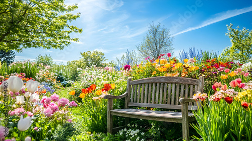 Fototapeta Naklejka Na Ścianę i Meble -  Peaceful garden with a rustic wooden bench surrounded by vibrant spring flowers under a bright blue sky