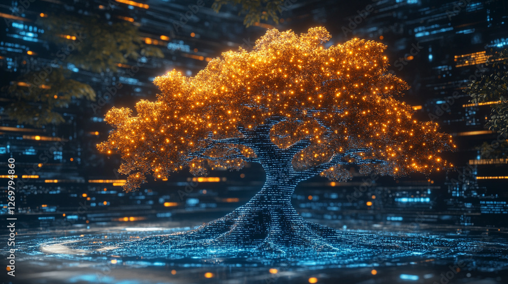 Naklejka premium Abstract digital tree roots with glowing lights symbolize the connection between technology and biology, merging organic and futuristic design to represent networks and interconnectivity