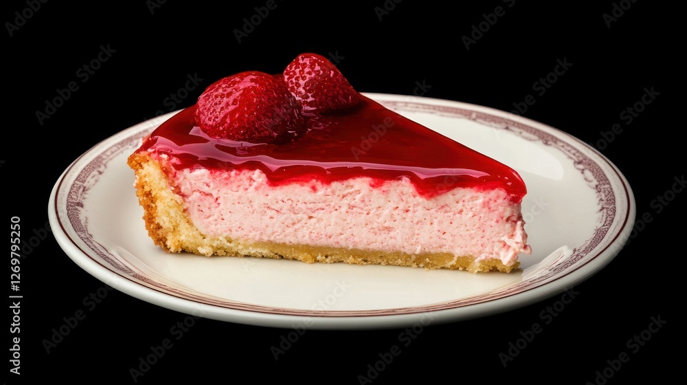 Slice of strawberry cheesecake on a patterned plate