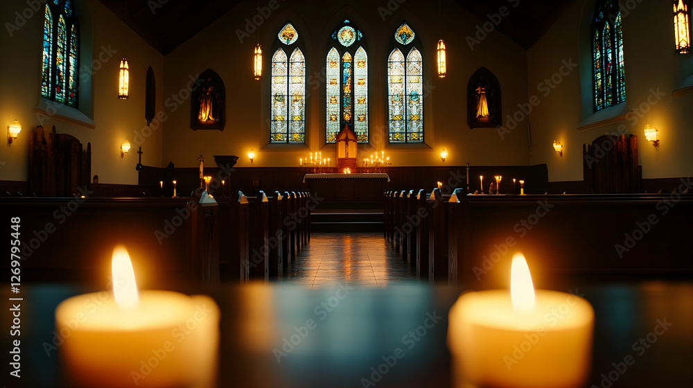 Quiet chapel interior with soft candlelight, stained glass windows and a peaceful atmosphere symbolizing Good Friday Quiet chapel interior with soft candlelight, stained glass windows and a peaceful atmosphere symbolizing Good Friday