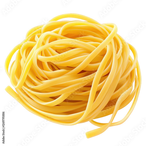 A stylized illustration of linguine pasta, coiled into a single pile, smooth strands with a natural yellow tint, transparent background, PNG