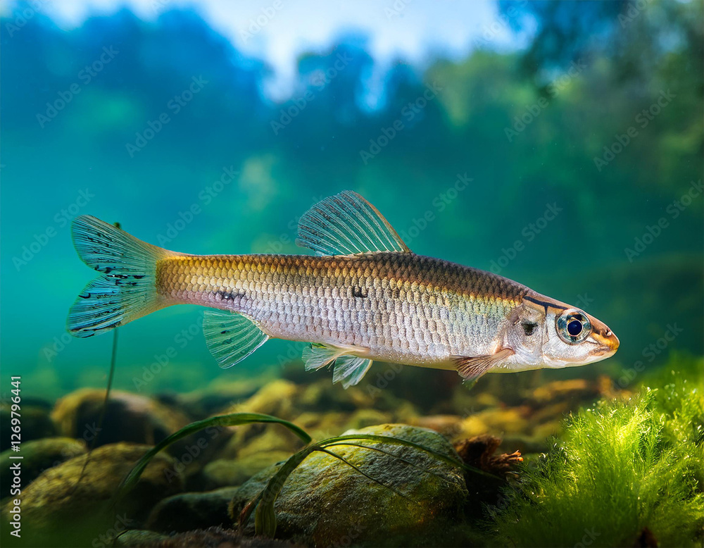 Fototapeta premium gudgeon fish in clear fresh water gobio in natural habitat