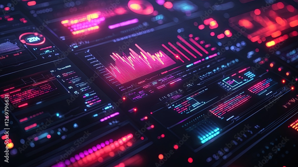 A flat lay of futuristic glowing dashboards with analytical charts and graphs, clean and technological A flat lay of futuristic glowing dashboards with analytical charts and graphs, clean and technological
