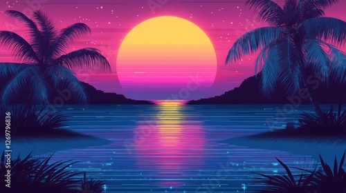 Vaporwave Sunset Paradise: Retro Beach with Palm Trees and Vibrant Colors