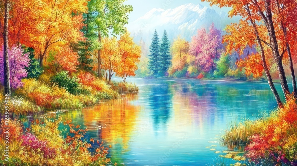 Colorful autumn trees are reflected in the shimmering lake Colorful autumn trees are reflected in the shimmering lake