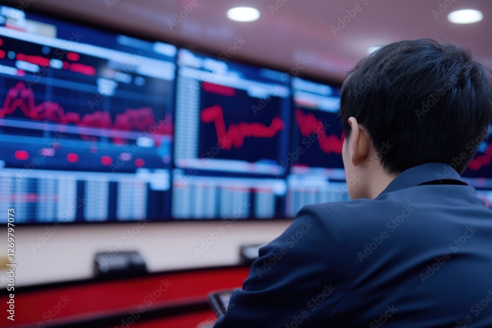 Individual examines financial charts on multiple large screens in a contemporary office, focusing on data analysis during the day Individual examines financial charts on multiple large screens in a contemporary office, focusing on data analysis during the day