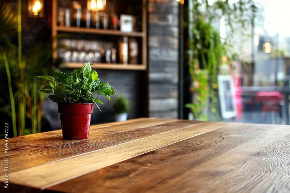 Fototapeta premium Warm lighting fills the cozy living room showcasing a wooden table with a small potted plant, set against modern background decor