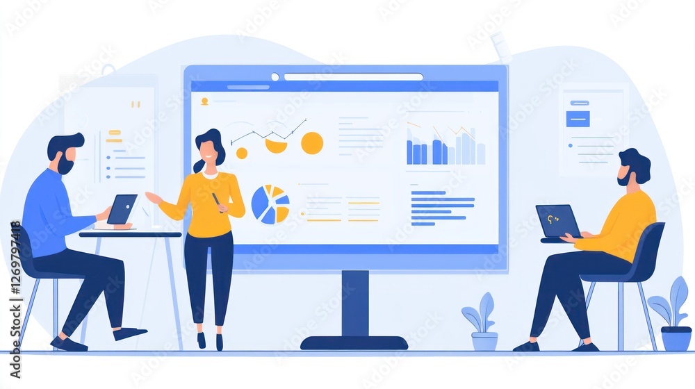 Woman presents business data to two colleagues using graphs Woman presents business data to two colleagues using graphs