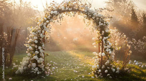 Fototapeta Naklejka Na Ścianę i Meble -  Rustic garden arch decorated with soft white flowers and Easter greenery, bathed in warm morning sunlight