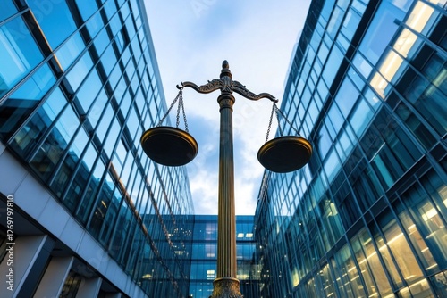 A striking modern courthouse showcases a scale of justice sculpture nestled between two reflective glass buildings at sunset