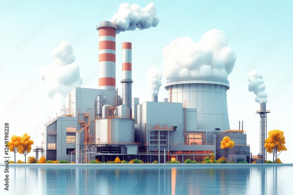 Obraz premium Industrial power plant surrounded by water and trees under a clear blue sky