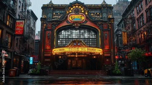 Rainy day at ornate theater, city street background, tourism