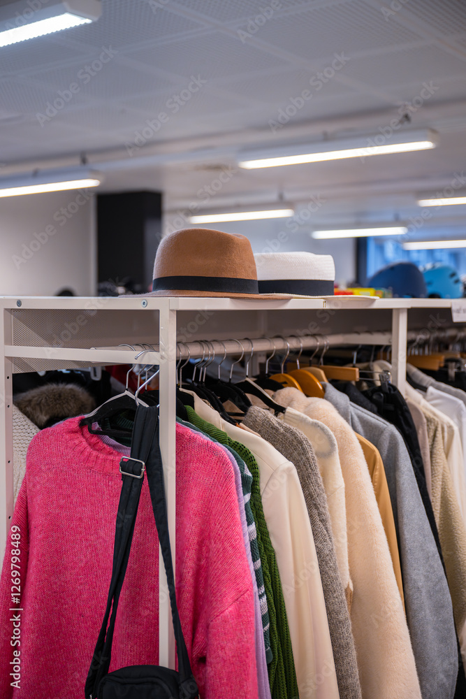 Obraz premium Clothing rack filled with sweaters, jackets, and hats in a thrift store. 