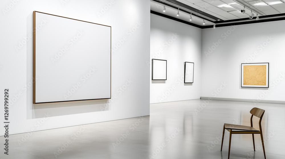 Contemporary art gallery with a single large empty frame under spotlight Contemporary art gallery with a single large empty frame under spotlight