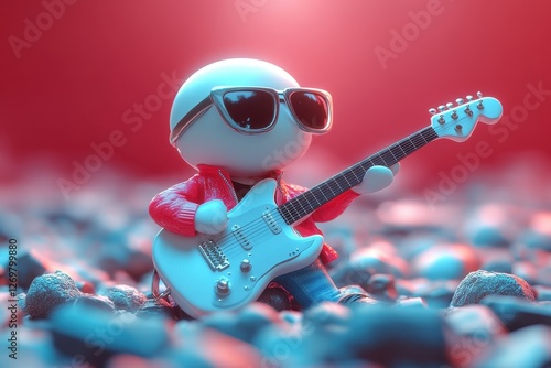 Cool character playing electric guitar on colorful pebbles in vibrant surroundings during a sunny day