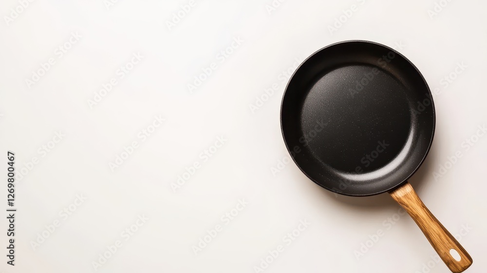 Elegant Black Frying Pan with Wooden Handle on White Background Elegant Black Frying Pan with Wooden Handle on White Background