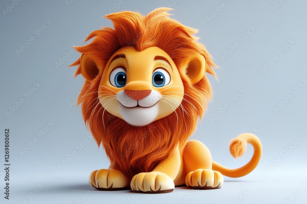 Smiling cartoon lion character with vibrant mane and playful expression in friendly pose Smiling cartoon lion character with vibrant mane and playful expression in friendly pose
