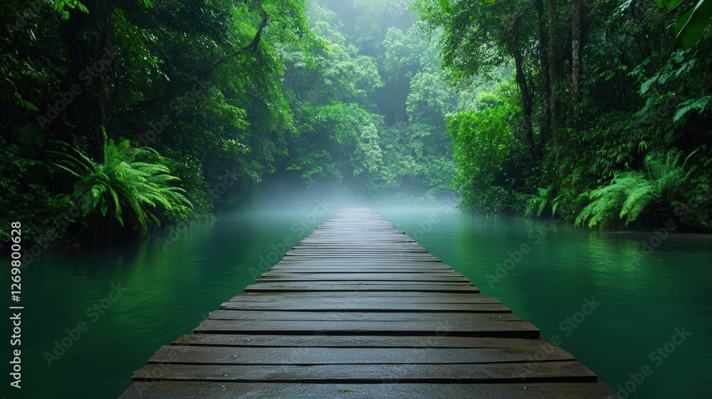 Naklejka premium A lush green rainforest with a small wooden footbridge crossing a crystal-clear river, mist rising in the air