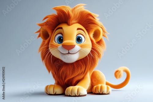 Smiling cartoon lion character with vibrant mane and playful expression in friendly pose