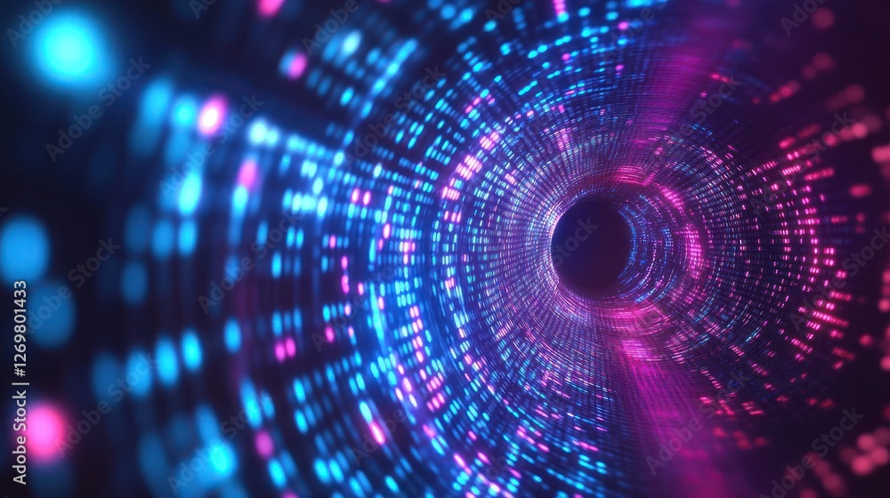 Futuristic data tunnel with glowing blue and magenta digital lights