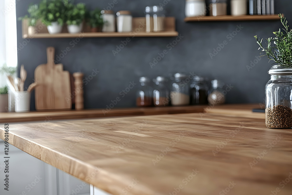 Sleek wooden kitchen countertop in a modern interior, ideal for showcasing products or recipes with copy space Sleek wooden kitchen countertop in a modern interior, ideal for showcasing products or recipes with copy space