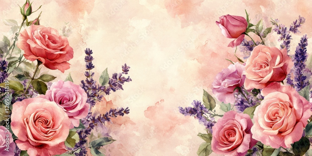 Bright pink roses and lavender sprigs on a soft pastel watercolor background for a modern invitation. Bright pink roses and lavender sprigs on a soft pastel watercolor background for a modern invitation.