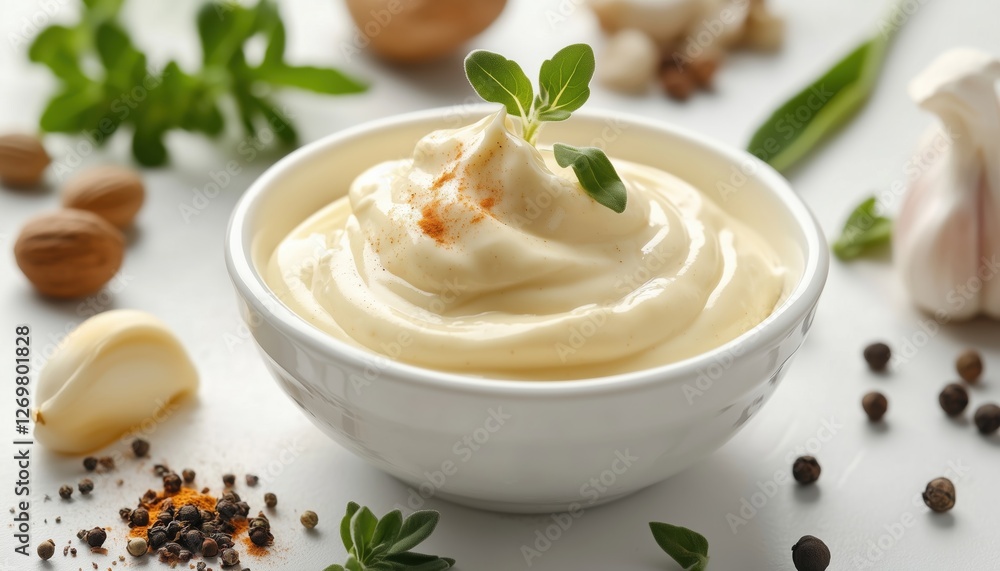 Close-Up Shot Of A Delicious Mayonnaise Sauce In A Bowl, With Fresh Ingredients And Spices On A White Table. Close-Up Shot Of A Delicious Mayonnaise Sauce In A Bowl, With Fresh Ingredients And Spices On A White Table.
