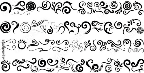 Swirl ornament vector set, decorative flourish, vintage embellishment, black curlicue vector filigree, artistic swirl, baroque design, elegant flourish, tattoo element, flourish abstract swirls