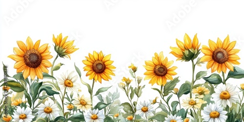 Bright yellow sunflowers and wild daisies in a whimsical watercolor composition for cheerful invitations.