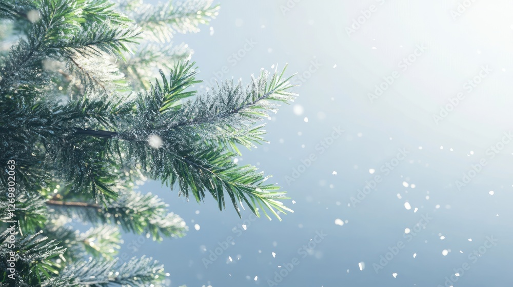 Obraz premium Snowy evergreen branches with frosted details in soft light