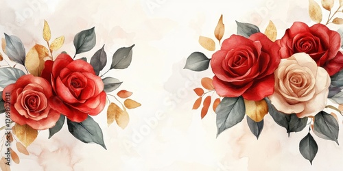 Vibrant red and gold roses with soft watercolor background for an elegant wedding invitation.